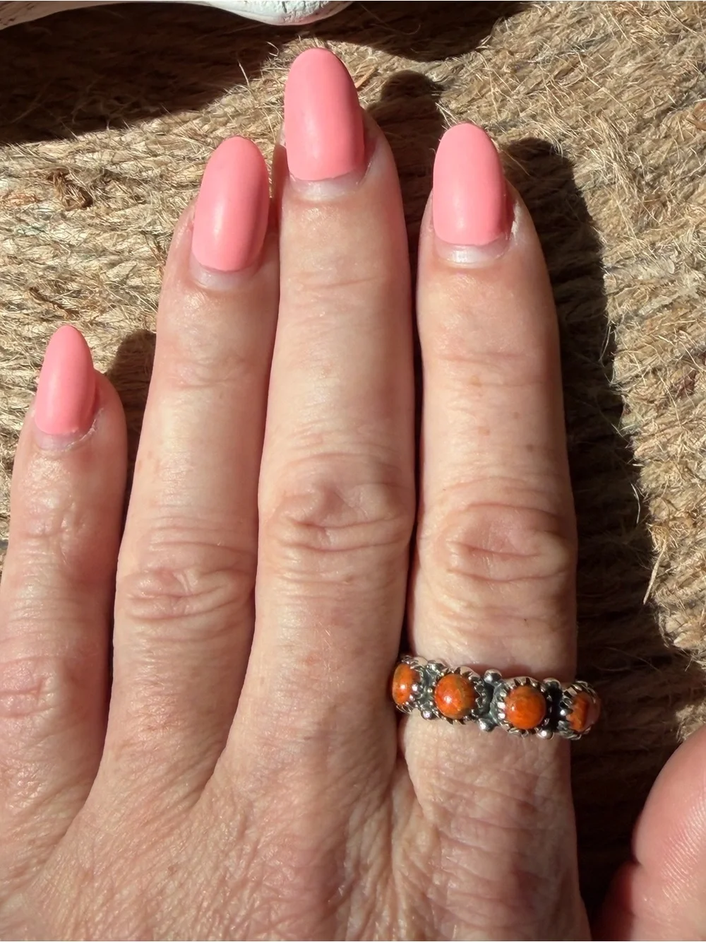 Sterling Silver Orange Mohave Stone Infinity Ring Band